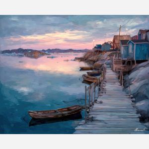 greenland, everyday, moments, greenland daily life, kalaallit nunaat, arctic community, greenland village, sled dogs, fishing life, coastal settlement, palette knife, oil painting, impasto, thick paint, textured surface, northern life, remote living, arctic culture