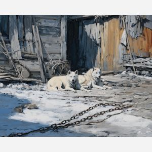 greenland, local, moments, greenland daily life, kalaallit nunaat, arctic community, greenland village, sled dogs, fishing life, coastal settlement, palette knife, oil painting, impasto, thick paint, textured surface, northern life, remote living, arctic culture