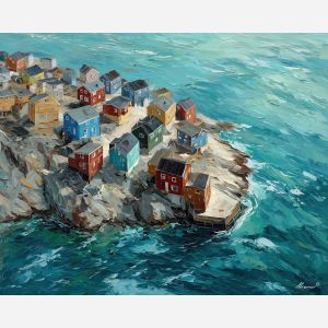 greenland, morning, port, greenland daily life, kalaallit nunaat, arctic community, greenland village, sled dogs, fishing life, coastal settlement, palette knife, oil painting, impasto, thick paint, textured surface, northern life, remote living, arctic culture