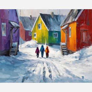 greenland, quiet, work, greenland daily life, kalaallit nunaat, arctic community, greenland village, sled dogs, fishing life, coastal settlement, palette knife, oil painting, impasto, thick paint, textured surface, northern life, remote living, arctic culture