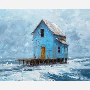 cold, current, northern seascape, cold sea, arctic ocean, house, coastal water, palette knife, oil painting, impasto, thick paint, textured surface, marine scene, cold atmosphere, painterly seascape, material depth, northern light