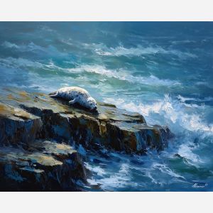cold, edge, northern seascape, cold sea, arctic ocean, seal, coastal water, palette knife, oil painting, impasto, thick paint, textured surface, marine scene, cold atmosphere, painterly seascape, material depth, northern light