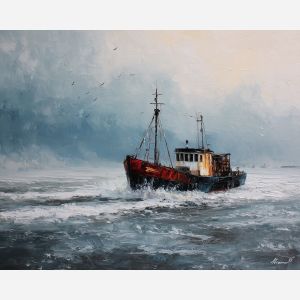 dark, current, northern seascape, cold sea, arctic ocean, trawler, coastal water, palette knife, oil painting, impasto, thick paint, textured surface, marine scene, cold atmosphere, painterly seascape, material depth, northern light