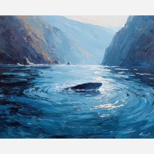 drifting, line, northern seascape, cold sea, arctic ocean, whale, coastal water, palette knife, oil painting, impasto, thick paint, textured surface, marine scene, cold atmosphere, painterly seascape, material depth, northern light