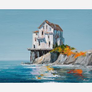 gray, bay, northern seascape, cold sea, arctic ocean, house, coastal water, palette knife, oil painting, impasto, thick paint, textured surface, marine scene, cold atmosphere, painterly seascape, material depth, northern light