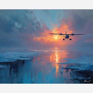 heavy, coast, northern seascape, cold sea, arctic ocean, plane, coastal water, palette knife, oil painting, impasto, thick paint, textured surface, marine scene, cold atmosphere, painterly seascape, material depth, northern light