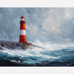 lonely, sea, northern seascape, cold sea, arctic ocean, lighthouse, coastal water, palette knife, oil painting, impasto, thick paint, textured surface, marine scene, cold atmosphere, painterly seascape, material depth, northern light