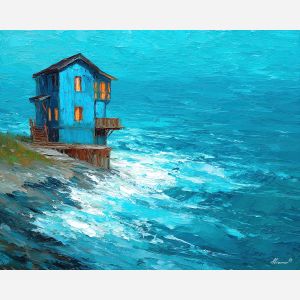 lonely, waves, northern seascape, cold sea, arctic ocean, house, coastal water, palette knife, oil painting, impasto, thick paint, textured surface, marine scene, cold atmosphere, painterly seascape, material depth, northern light