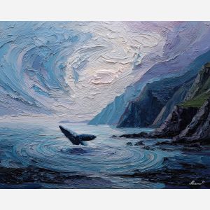low, crossing, northern seascape, cold sea, arctic ocean, whale, coastal water, palette knife, oil painting, impasto, thick paint, textured surface, marine scene, cold atmosphere, painterly seascape, material depth, northern light