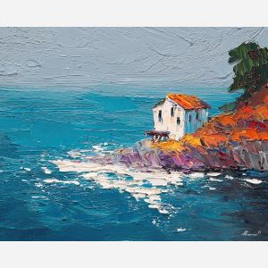 low, distance, northern seascape, cold sea, arctic ocean, house, coastal water, palette knife, oil painting, impasto, thick paint, textured surface, marine scene, cold atmosphere, painterly seascape, material depth, northern light