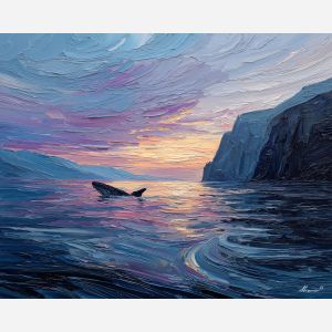 low, horizon, northern seascape, cold sea, arctic ocean, whale, coastal water, palette knife, oil painting, impasto, thick paint, textured surface, marine scene, cold atmosphere, painterly seascape, material depth, northern light