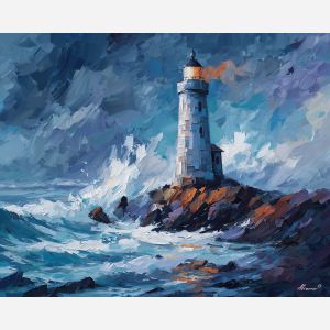 low, passage, northern seascape, cold sea, arctic ocean, lighthouse, coastal water, palette knife, oil painting, impasto, thick paint, textured surface, marine scene, cold atmosphere, painterly seascape, material depth, northern light