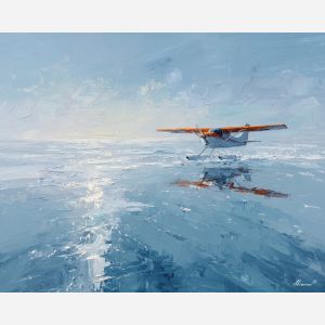 low, quiet, line, northern seascape, cold sea, arctic ocean, plane, coastal water, palette knife, oil painting, impasto, thick paint, textured surface, marine scene, cold atmosphere, painterly seascape, material depth, northern light