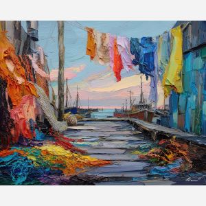 low, rough, bay, northern seascape, cold sea, arctic ocean, fishing nets, coastal water, palette knife, oil painting, impasto, thick paint, textured surface, marine scene, cold atmosphere, painterly seascape, material depth, northern light