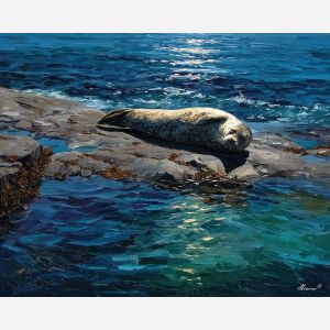 open, harbor, northern seascape, cold sea, arctic ocean, seal, coastal water, palette knife, oil painting, impasto, thick paint, textured surface, marine scene, cold atmosphere, painterly seascape, material depth, northern light