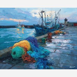 open, passage, northern seascape, cold sea, arctic ocean, fishing nets, coastal water, palette knife, oil painting, impasto, thick paint, textured surface, marine scene, cold atmosphere, painterly seascape, material depth, northern light