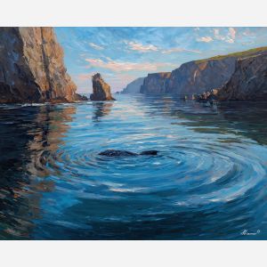 open, quiet, bay, northern seascape, cold sea, arctic ocean, whale, coastal water, palette knife, oil painting, impasto, thick paint, textured surface, marine scene, cold atmosphere, painterly seascape, material depth, northern light