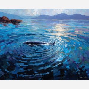 open, stretch, northern seascape, cold sea, arctic ocean, whale, coastal water, palette knife, oil painting, impasto, thick paint, textured surface, marine scene, cold atmosphere, painterly seascape, material depth, northern light