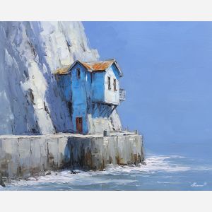 pale, channel, northern seascape, cold sea, arctic ocean, house, coastal water, palette knife, oil painting, impasto, thick paint, textured surface, marine scene, cold atmosphere, painterly seascape, material depth, northern light