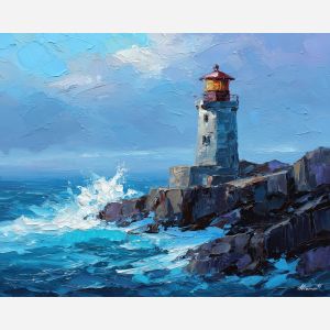 pale, coast, northern seascape, cold sea, arctic ocean, lighthouse, coastal water, palette knife, oil painting, impasto, thick paint, textured surface, marine scene, cold atmosphere, painterly seascape, material depth, northern light