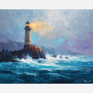 pale, cold, current, northern seascape, cold sea, arctic ocean, lighthouse, coastal water, palette knife, oil painting, impasto, thick paint, textured surface, marine scene, cold atmosphere, painterly seascape, material depth, northern light