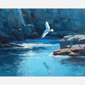 pale, restless, distance, northern seascape, cold sea, arctic ocean, seabird, coastal water, palette knife, oil painting, impasto, thick paint, textured surface, marine scene, cold atmosphere, painterly seascape, material depth, northern light