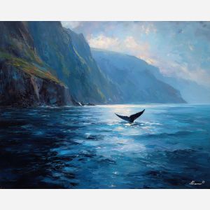 pale, route, northern seascape, cold sea, arctic ocean, whale, coastal water, palette knife, oil painting, impasto, thick paint, textured surface, marine scene, cold atmosphere, painterly seascape, material depth, northern light