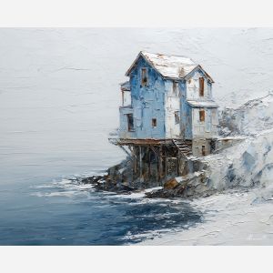 pale, water, northern seascape, cold sea, arctic ocean, house, coastal water, palette knife, oil painting, impasto, thick paint, textured surface, marine scene, cold atmosphere, painterly seascape, material depth, northern light