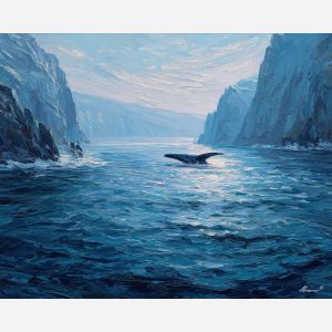 quiet, coast, northern seascape, cold sea, arctic ocean, whale, coastal water, palette knife, oil painting, impasto, thick paint, textured surface, marine scene, cold atmosphere, painterly seascape, material depth, northern light