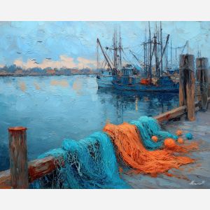 quiet, cold, waves, northern seascape, cold sea, arctic ocean, fishing nets, coastal water, palette knife, oil painting, impasto, thick paint, textured surface, marine scene, cold atmosphere, painterly seascape, material depth, northern light