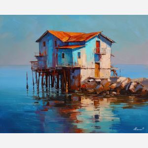 quiet, stretch, northern seascape, cold sea, arctic ocean, house, coastal water, palette knife, oil painting, impasto, thick paint, textured surface, marine scene, cold atmosphere, painterly seascape, material depth, northern light