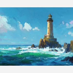 remote, sound, northern seascape, cold sea, arctic ocean, lighthouse, coastal water, palette knife, oil painting, impasto, thick paint, textured surface, marine scene, cold atmosphere, painterly seascape, material depth, northern light