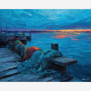 rough, distance, northern seascape, cold sea, arctic ocean, fishing nets, coastal water, palette knife, oil painting, impasto, thick paint, textured surface, marine scene, cold atmosphere, painterly seascape, material depth, northern light