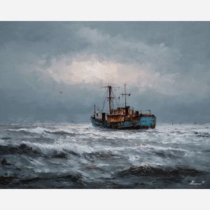 rough, distant, route, northern seascape, cold sea, arctic ocean, trawler, coastal water, palette knife, oil painting, impasto, thick paint, textured surface, marine scene, cold atmosphere, painterly seascape, material depth, northern light