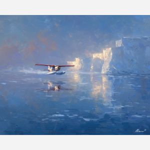 silent, edge, northern seascape, cold sea, arctic ocean, plane, coastal water, palette knife, oil painting, impasto, thick paint, textured surface, marine scene, cold atmosphere, painterly seascape, material depth, northern light