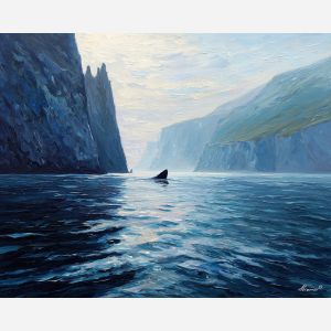 silent, water, northern seascape, cold sea, arctic ocean, whale, coastal water, palette knife, oil painting, impasto, thick paint, textured surface, marine scene, cold atmosphere, painterly seascape, material depth, northern light