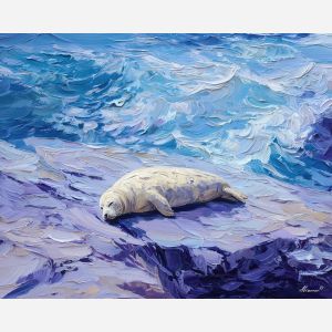 still, channel, northern seascape, cold sea, arctic ocean, seal, coastal water, palette knife, oil painting, impasto, thick paint, textured surface, marine scene, cold atmosphere, painterly seascape, material depth, northern light