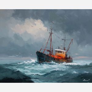wide, drifting, passage, northern seascape, cold sea, arctic ocean, trawler, coastal water, palette knife, oil painting, impasto, thick paint, textured surface, marine scene, cold atmosphere, painterly seascape, material depth, northern light