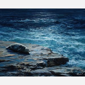 wide, open, edge, northern seascape, cold sea, arctic ocean, seal, coastal water, palette knife, oil painting, impasto, thick paint, textured surface, marine scene, cold atmosphere, painterly seascape, material depth, northern light