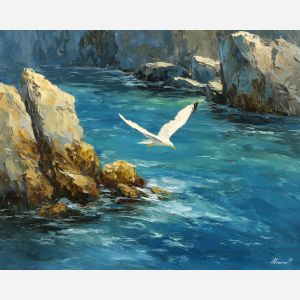 wide, reach, northern seascape, cold sea, arctic ocean, seabird, coastal water, palette knife, oil painting, impasto, thick paint, textured surface, marine scene, cold atmosphere, painterly seascape, material depth, northern light