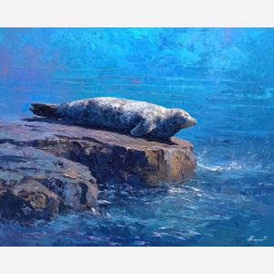 wide, stretch, northern seascape, cold sea, arctic ocean, seal, coastal water, palette knife, oil painting, impasto, thick paint, textured surface, marine scene, cold atmosphere, painterly seascape, material depth, northern light
