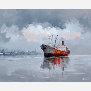 windy, bay, northern seascape, cold sea, arctic ocean, cargo ship, coastal water, palette knife, oil painting, impasto, thick paint, textured surface, marine scene, cold atmosphere, painterly seascape, material depth, northern light