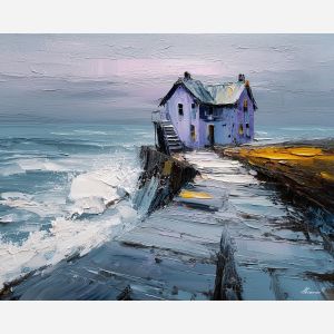 windy, north, northern seascape, cold sea, arctic ocean, house, coastal water, palette knife, oil painting, impasto, thick paint, textured surface, marine scene, cold atmosphere, painterly seascape, material depth, northern light