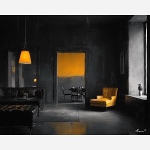 black and white interior,saffron accent,soft light,oil painting