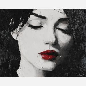 black and white portrait,red lips,emotional focus,oil painting