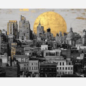 black and white city,golden sun,oil painting