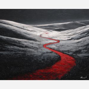 black and white symbolism,red thread,oil painting
