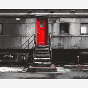 black and white,train station,red accent,oil painting