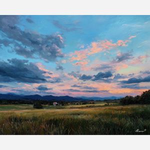 field at dusk,calm landscape,oil painting