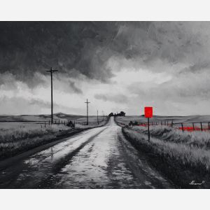 black and white rural,red accent,landscape,oil painting